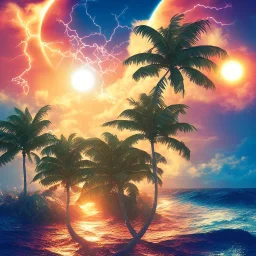 1980's vaporwave aesthetic palm trees with lightning with solar eclipse in the ocean waves sunset