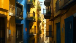 A detailed digital painting of an apartment complex, featuring a narrow alleyway filled with various hanging laundry. The warm hues of the buildings, with blue shutters and a yellow dome, contrast beautifully with the muted tones of the balconies. The image captures a sense of activity and spontaneity, focusing attention on the intricate details of the framing.