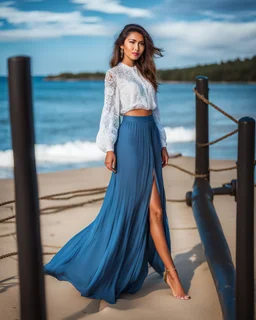 young lady wearing beautiful maxi blue skirt and elegant long shirt standing in beach posing to camera ,upper body shot,ships in sea ,blue sky nice clouds in background