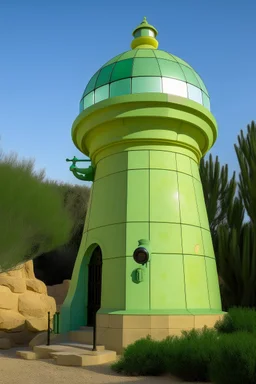 A pale greenish yellow observatory with a flashlight telescope designed in Ica stones painted by Antoni Gaudi