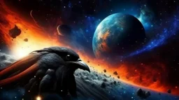 Crow in a space an the background of planets,