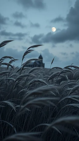 Windblown grass with winds with clouds and moon in the background, high quality picture 8k, beautiful cinematic lighting and all gray colors , dark old building in the background in a far distance