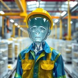 an very sad transparent glas man with blue and yellow working clothes, in a factory, nobody cares about the empty glas man, that is why he is so sad :( , he had worked 30 years in the factory and never had a salary increase, tears in his eyes, the working man is transparent, everyone see through him, he is nearly invisible