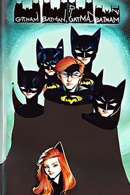 Act like a book cover designer. Use batman comic style. Grimmy black cat and a group of three teenagers (13-15 years old) - two brothers with ginger hair and frickles with a brown-haired girl. Environment: old town.