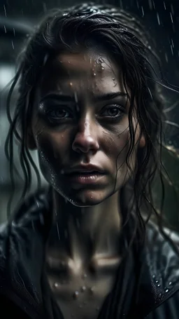 A stunning, solitary woman stands alone in the pouring rain, encapsulating a mixture of anger and sadness. Her disheveled hair clings wetly to her face, while her piercing eyes convey deep emotions. The raindrops glisten on her delicate yet determined expression, creating a poignant scene that evokes both power and vulnerability. This breathtaking image, reminiscent of a vividly melancholic painting, captivates the viewer with its exquisite detail and evocative atmosphere.