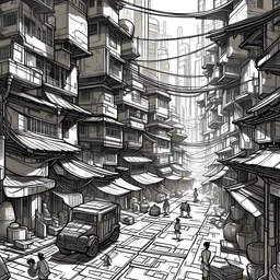 Illustrate a street with advanced technology in a dense asian city in charles gibbson artist monochrome greys style-line work