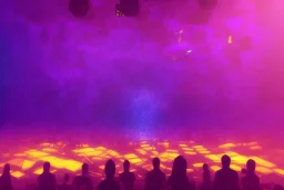 looking from above at An orchestra playing on stage purple and orange color scheme, high key lighting, volumetric light high details psychedelic background