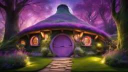 hobbit cottage in the woods surrounded by trees with fairy lights with a whimsical like feel, with pinks, blues, purple colors, circular hobbit-style door, fairy lights, circular hobbit-style windows, fairy lights, green grass roof, fairy lights, illustration