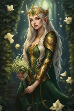 Dark green hair,Rapunzel hair,golden armor,night,sparkle,lily of the valley,ivy,elven warrior,elven ears,burgundy,green,gold,elven crown,extremely long hair