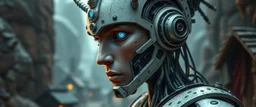 the first nation, robotic witchcraft, cyberpunk village, close up portrait of human captainastroid dweller