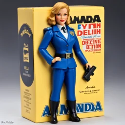 A photograph of a pristine action figure encased in its packaging, evoking a sense of collectible wonder, styled after a vintage toy advertisement. The box prominently displays "Amanda" in bold, stylized lettering, with the action figure inside clearly resembling Kelli Giddish as NYPD detective/sergeant Amanda Rollins, possessing his iconic features confidently with a badge