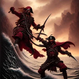 a pirate warrior in dark red and black full battle armor, a highly detailed illustration, background of giant crashing ocean waves, realistic render, 8 k, micro detail, intricate, elegant, centered, digital painting, Artstation, smooth, sharp focus, illustration, artgerm, tomasz alen kopera, peter mohrbacher, donato giancola, joseph christian leyendecker, wlop, boris vallejo