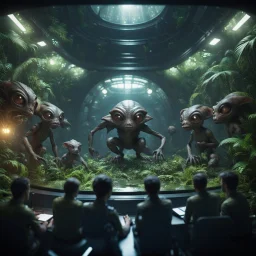 a video conference on video screen with multiple alien gremlins held by a scientist in dark lit reflective wet jungle metallic hall dome hotel tunnel, in the style of a fallout 4,bokeh like f/0.8, tilt-shift lens 8k, high detail, smooth render, down-light, unreal engine, prize winning