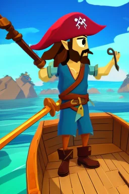 Cartoony Captain Jack Sparrow sailing on a small boat, in the middle of blue oceans, Legend Of Zelda: Wind Waker style, stylized, colorful, adventurous.