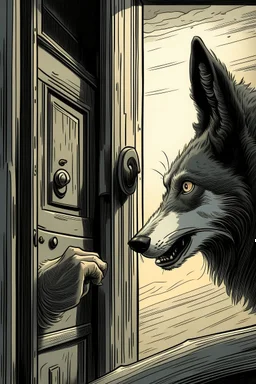 Digital drawing of a wolf hand ringing the doorbell, I want the wold point of view, so I want to see just his hand ringing the doorbell