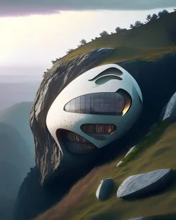 Country house on the cliff in the shape of an egg, Zaha Hadid style, brutalist art, hyper-realistic, 8k