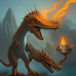 dragon kaiju, dnd dinosaur, fire lizard, flame crocodile, explosion, glowing by gerald brom thomas kinkade