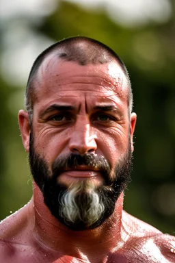 extreme close up photography of a wet sweat beefy and very virile 44-year-old burly turkish construction worker, long beard, bullneck, in tank top, bulge, works hard very sweaty on a construction site in the sun, underlines the shine of the sweat in the sun's rays and the fatigue of the muscles, manly chest, , big legs, big belly , side view, photorealistic , side light