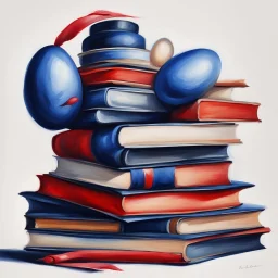 oil painting, in the style of Easter illustrations, midnight blue and red, stack of books with airbrush tape, white background only