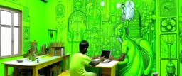 A lime green cybernetic workshop designed in Indian Gond art painted by Cai Jia