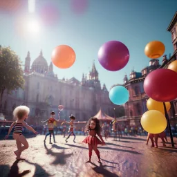 Ultra realistic circus scene. Child’s playing, smile, happy, color bubbles, smooth color, waist up view, Wes Anderson style, a lot of people background, highly detailed, concept art, unreal engine 5, god rays, ray tracing, RTX, lumen lighting, ultra detail, volumetric lighting, 3d, finely drawn, high definition, high resolution.