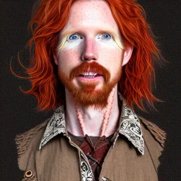 Portrait of Courtney Gains as a ruggedly handsome but joyful roguish pirate; clear, detailed eyes, charismatic, attractive male, masculine, perfect, precisely detailed, lightly freckled face, meticulously detailed multi-hued ginger carrot colored cherry fire red hair; Malachai of the corn; fantasy, intricate, elegant, highly detailed, digital painting, artstation, concept art, matte, sharp focus, illustration, art by artgerm and greg rutkowski and alphonse mucha