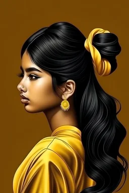 fair colored beautiful Indian girl wearing a yellow Satin scrunchie on her black long hairs, photo realistic image