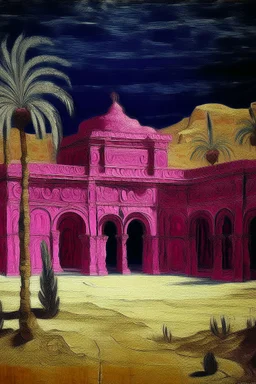 A purplish magenta Egyptian spider palace in a desert painted by Vincent van Gogh