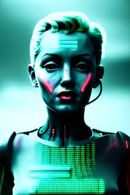 Ultra Realistic image, portrait, blonde woman, Marylin Monroe face, perfect iris, glow eyes, glow makeup. Cyborg, Cyberpunk, ex machina style, wires, oversized tight latex dress. fog, rain, soft color, highly detailed, unreal engine 5, ray tracing, RTX, lumen lighting, ultra detail, volumetric lighting, 3d, finely drawn, high definition, high resolution.