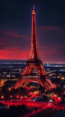 A beautiful 4K quality wallpaper of Paris Eiffel tower in night scene with red light effects
