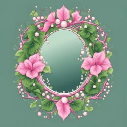 Create an Artwork of a Mirror with ivy branches and pearls necklace, Like a creative Logo for a Varasity Jacket to put a random number uin it, Vector illustration. Colors should be pink and green