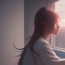 Anime, female student studying under window ,perfect face, cool face, ultra detail, unreal engine 5, cinema4d, sun light, studio lighting --ar 1:1 --v 4