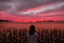 girl standing outside a field of corn looking up a red sky