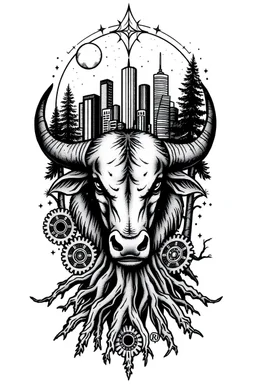 Design feminine tattoo: Taurus bull surrounded by roots and trees, with gears and the Detroit skyline in the background, combining earthy elements with industrial details. Black and gray shading with geometric accents and a celestial theme