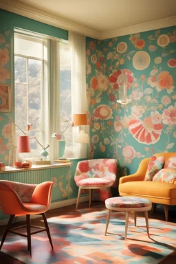 A vintage room embodying the essence of the 1950s, complete with (((retro furniture))), colorful patterns, and (sunny afternoon light streaming through open windows)