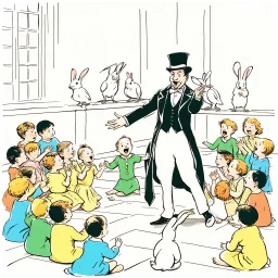 A magician stands in front of a group of children who sit in front of him on a mat on the floor and pulls out a rabbit from a top hat, the children look open-mouthed and wide-eyed and clap their hands, in the background a parrot stands on a pole and observes what is happening