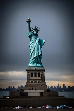 the statue of liberty, dress tattered an torn, her face solemn and terse, trash littered at her feet, the skyline dark and grungy