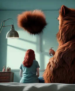 Realistic bedroom scene. big furry monster sitting next to human girl from behind. Wes Anderson style. Red hair, smile, happy, gradient color fog. highly detailed, concept art, unreal engine 5, ray tracing, RTX, lumen lighting, ultra detail, volumetric lighting, 3d, finely drawn, high definition, high resolution.