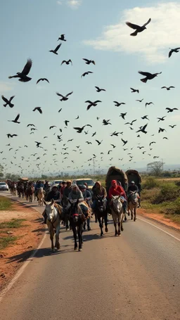 ‏قافله من المهاجرين في الطريق مع عرباتهم وحميرهم وفي السماء طيور سوداء تطير في السماء