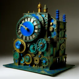 A greenish blue metallic factory with mechanical gears designed in African pottery painted by Gustav Klimt