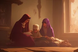 A close-up scene of an Arab mother reading the story from a book with her children around her in the room of the old wooden house near the fireplace 100 years ago.