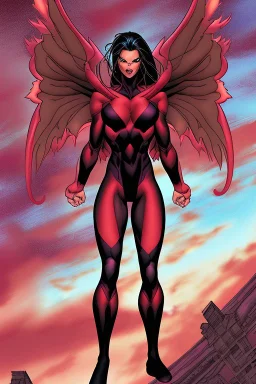 evil supergil flying in a red sky tight outfit jim lee style