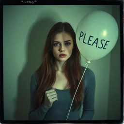 a young sad woman who looks like Elle Fanning, holding a balloon where is it written "PLEASE", surreal, liminal atmosphere, polaroid