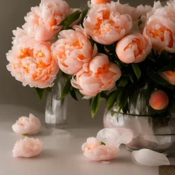 cinematic shot of peonies made from peach tulle in a glass bowl, warm lighting, soft lighting, sunbeam, linen, luxurious, crystal, golden dust light effect