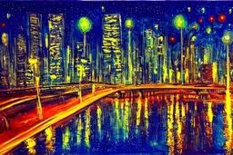 Night, lanterns, futuristic buildings near trees, highway, sci-fi, impressionism painting