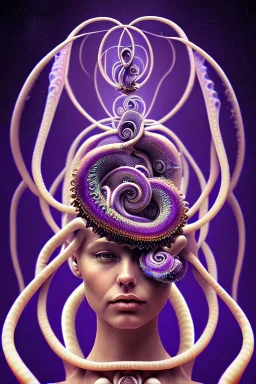 Spiritual being with Tentacles over human Head creating reality around, wrapping Spiral around Human, Psychedelic