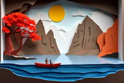 generate layered paper art that creates a beautiful dimensional landscape scene. The artwork uses a technique called paper cutting or paper sculpture, where multiple layers of colored paper are precisely cut and stacked to create depth and a three-dimensional effect. The scene depicts a serene moment with a lone figure standing by a canoe on calm water, surrounded by towering rock formations or canyon walls. The most eye-catching element is the vibrant red-orange tree on the left, which appears