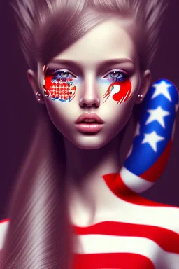 girl, cute, beautiful, American flag hairs, long hair, digital art, close up, portrait