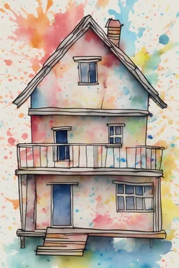 happy watercolor splatter line drawn doll house