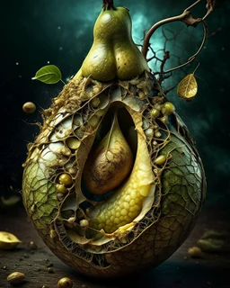 Grunge, woman as a decaying dried out Pear intricately showing its internal structure and seeds, cyberpunk, ultra unique natural textures, slight imperfections, vray.